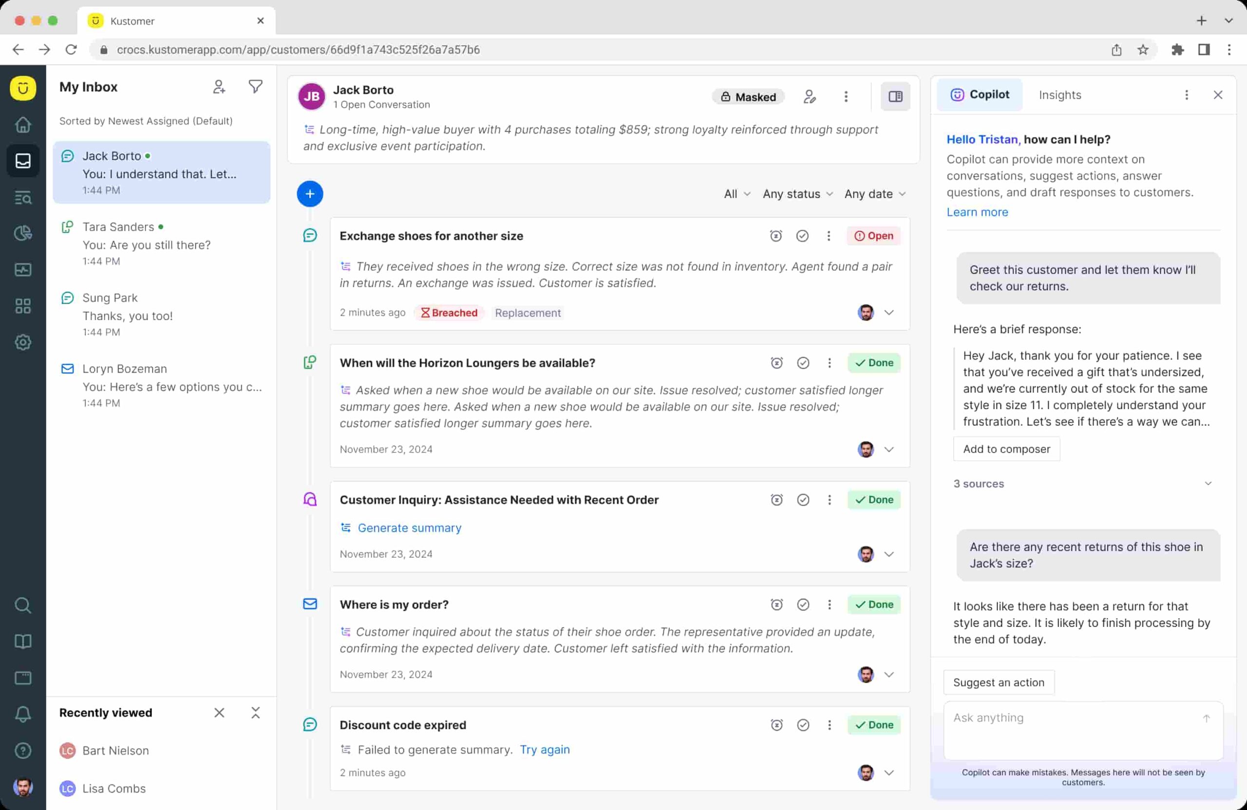 Screenshot of the Kustomer Timeline with sample customer communications and the AI Agent for Reps copilot