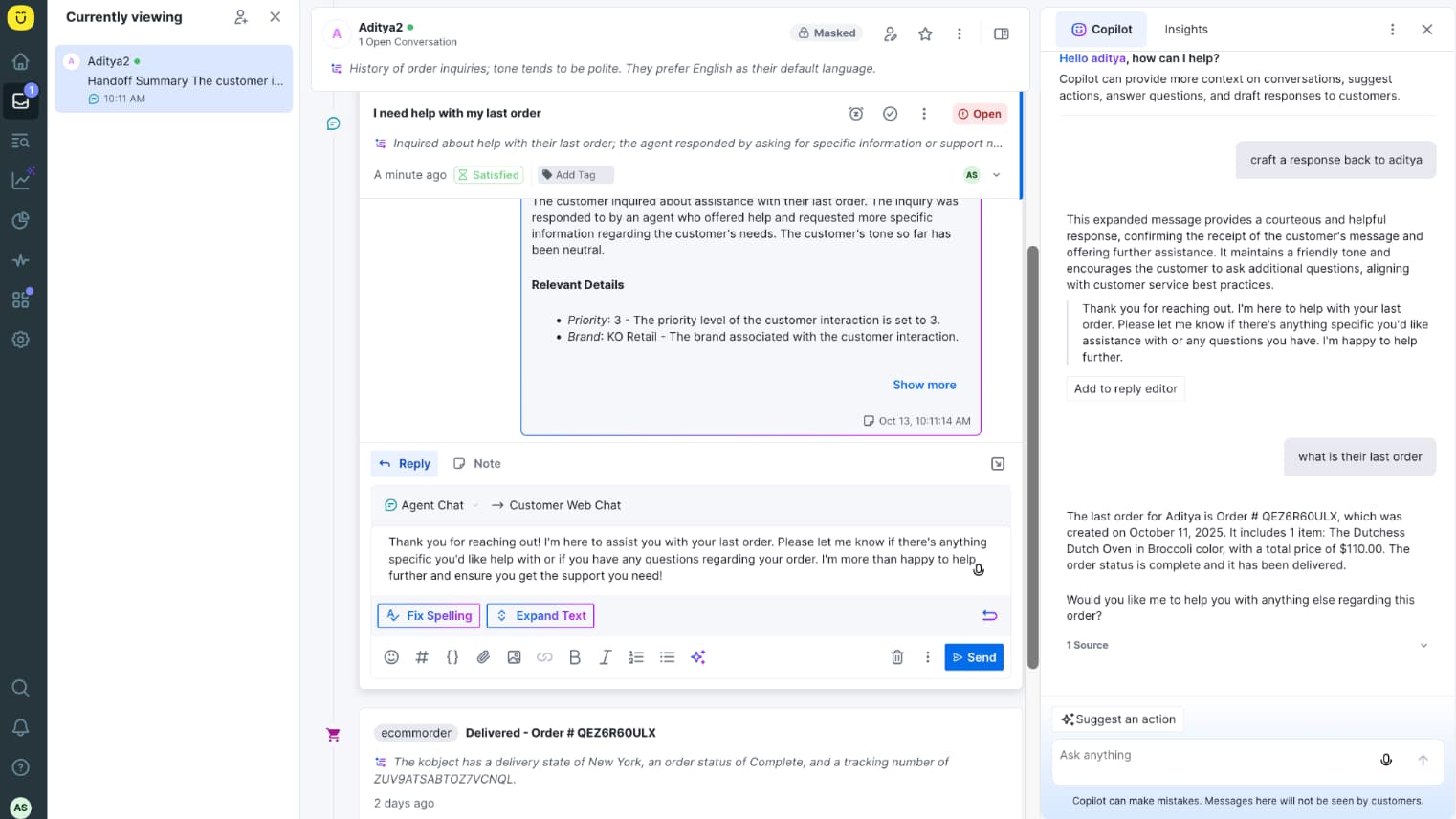 Screenshot of the Kustomer Timeline with a copilot window helping the agent craft a message back about an order for a dutch oven