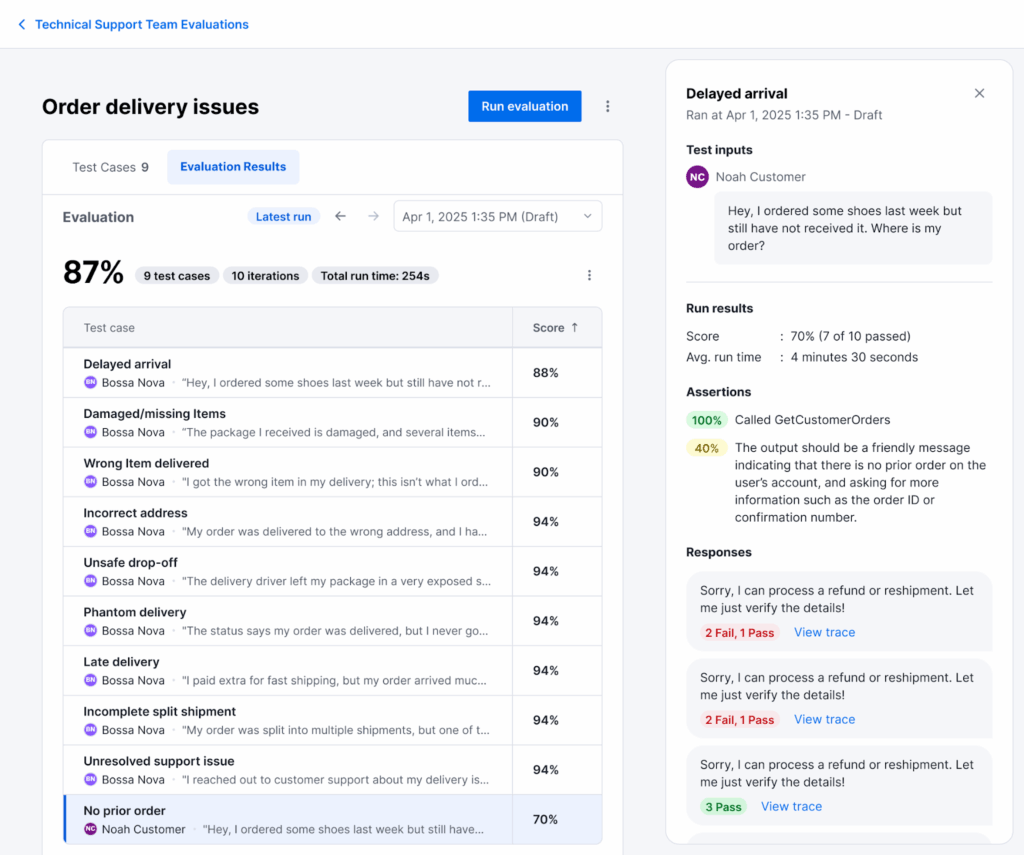 AI Agent Evaluations in Kustomer platform.