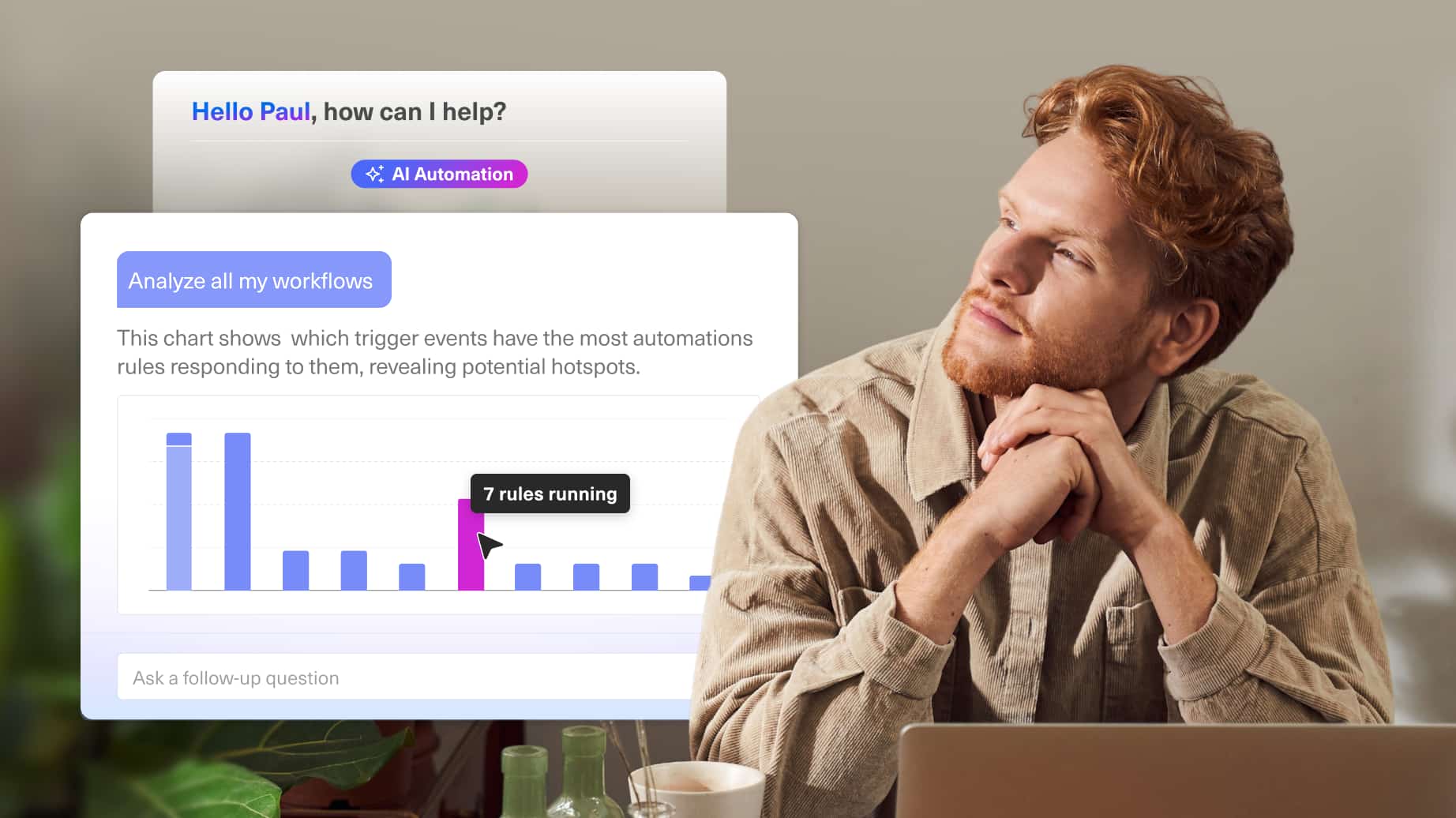 A man with red hair and a beard sits at a desk, looking thoughtfully upward. Overlaid graphics show an AI-Native Customer Experience Platform greeting Hello Paul and a chart analyzing automation workflow activity.