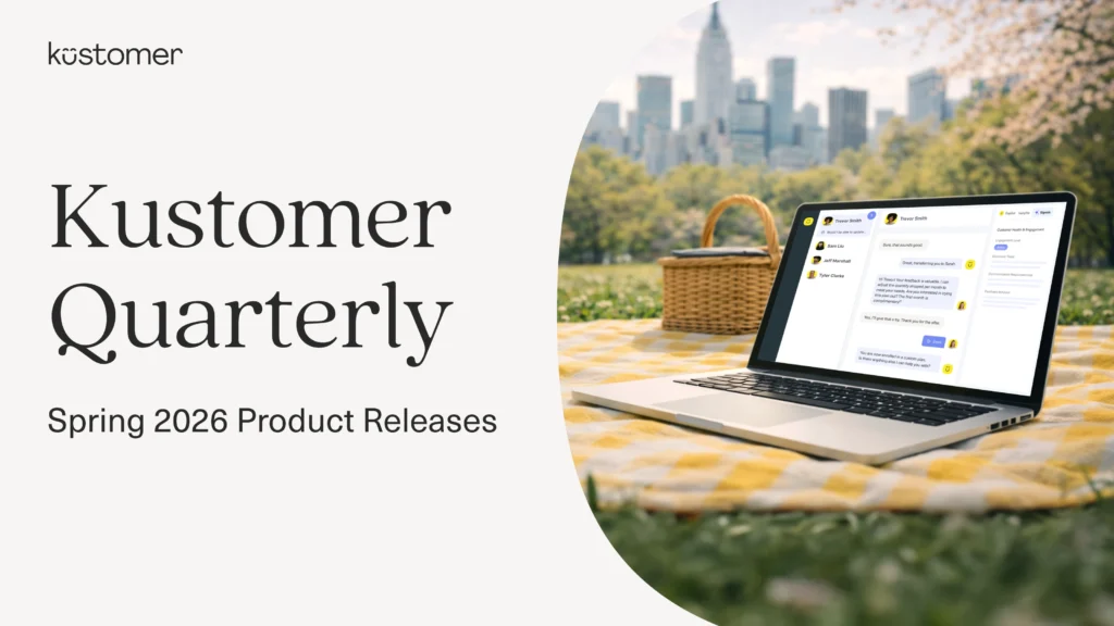 A laptop on a picnic blanket in a park with a city skyline in the background showcases “Kustomer Quarterly, Spring 2026 Product Releases.” A picnic basket and details about the Kustomer AI demo are featured beside the laptop.