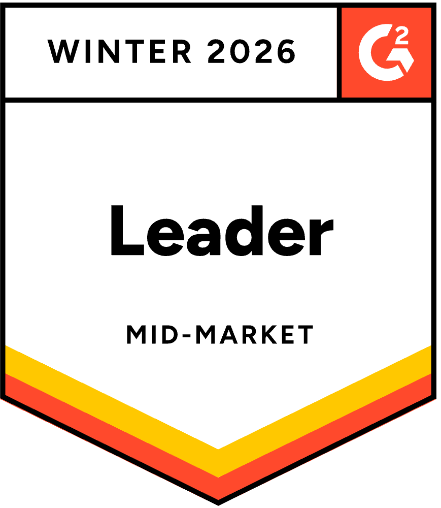 A badge reading Winter 2026 Leader Mid-Market with a G2 logo in the top right corner and yellow, orange, and red stripes at the bottom.