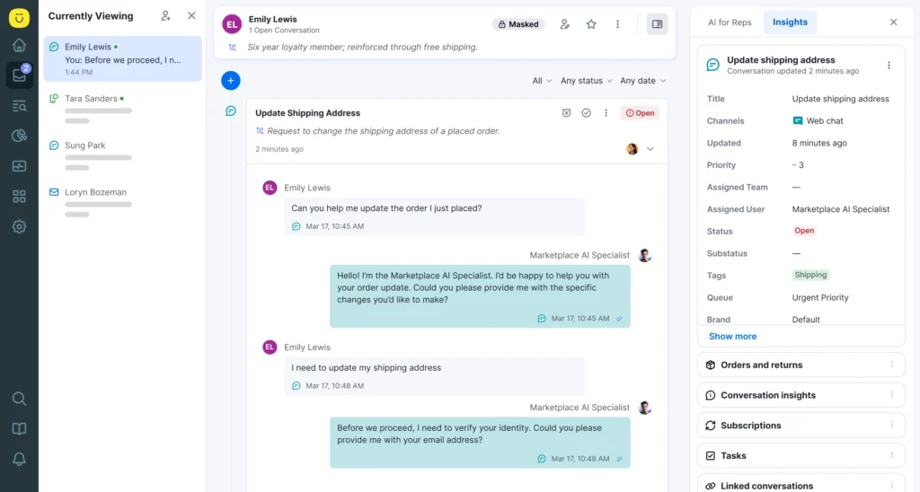 A customer service dashboard displays a conversation between Emily Lewis and a Marketplace AI Specialist about updating a shipping address, with side panels for request details and customer information.