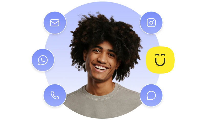 A smiling person with curly hair is centered on a purple background, surrounded by AIC Features icons for email, Instagram, WhatsApp, phone, and messaging; a yellow smiley face is also present.