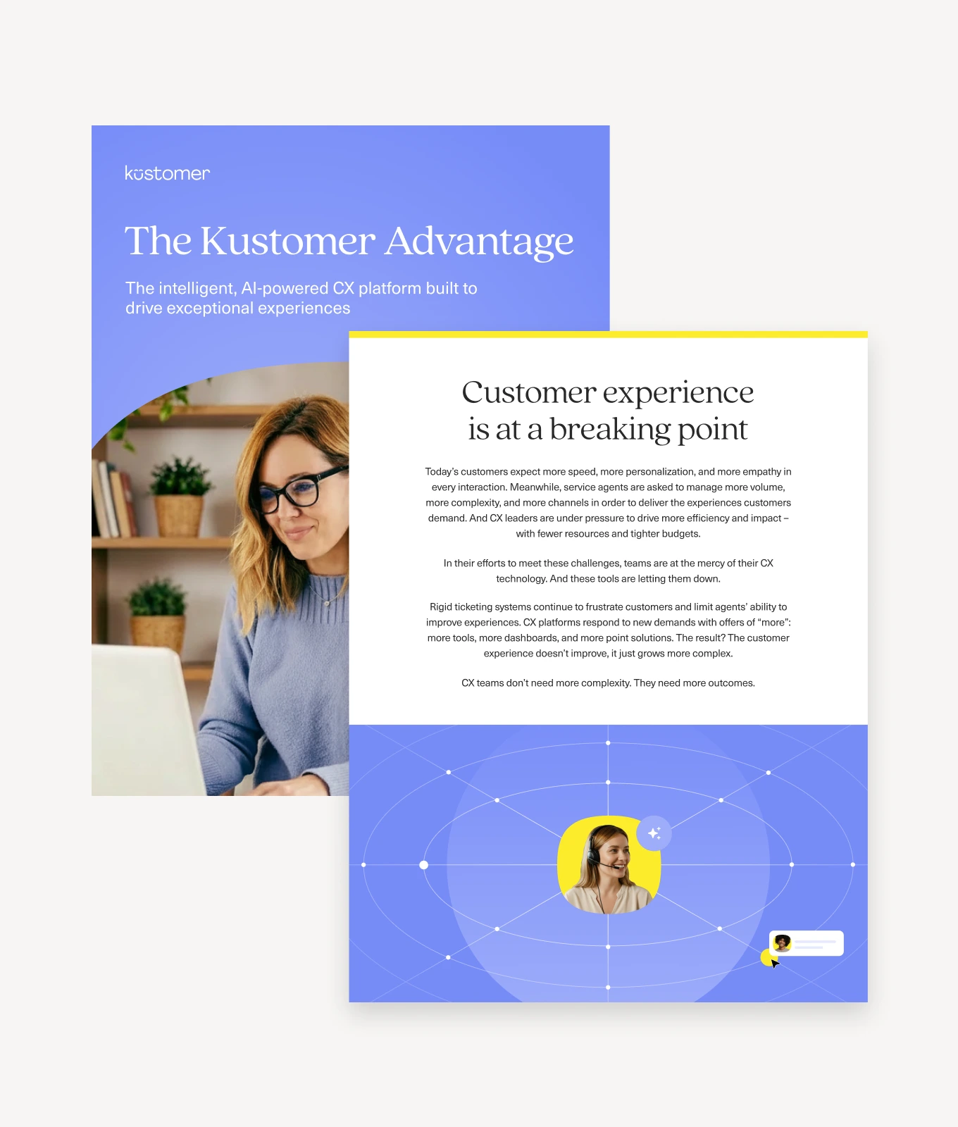 A marketing brochure for Kustomer’s intelligent CX platform for modern customer experience, featuring a woman in glasses working at a laptop and text about the importance of delivering exceptional customer experiences.