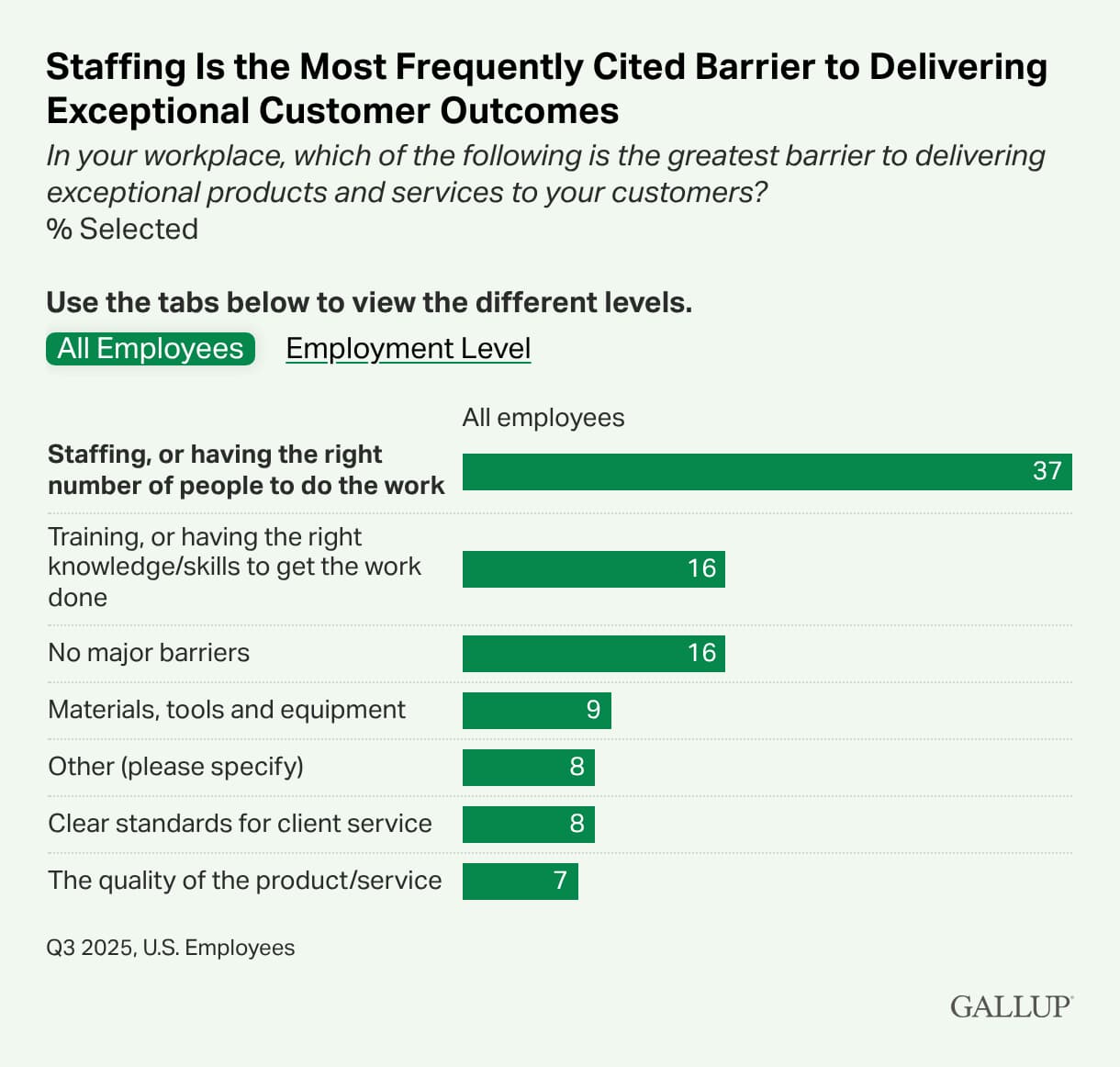 Bar chart highlighting key barriers to delivering exceptional customer outcomes. Top barrier: staffing (37%), followed by training (16%), knowledge/skills (16%), materials (9%), people (8%), standards (8%), and service quality (7%) in meeting customer expectations.