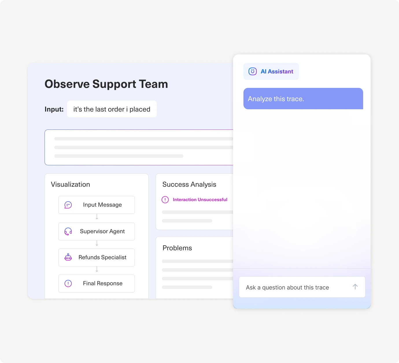 A dashboard shows an order inquiry with sections for Visualization, Success Analysis, and Problems. On the right, a chat window with an AI Assistant says, “Analyze this trace.”.