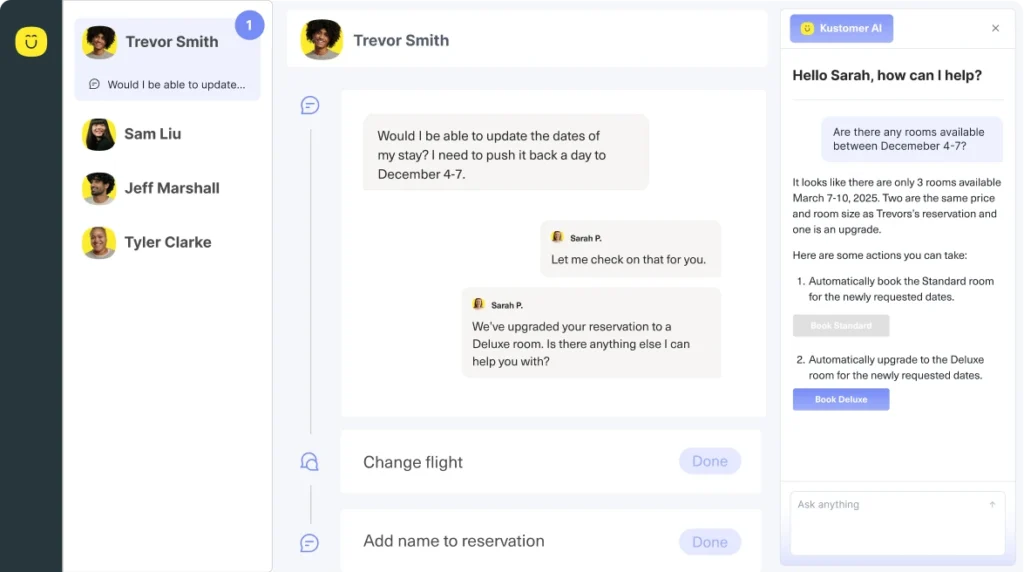 A customer service chat interface shows Trevor Smith requesting a date change for his stay. Sarah, the agent, confirms the update and offers further help. Sidebar shows other customers, and a help panel explains how to request changes.