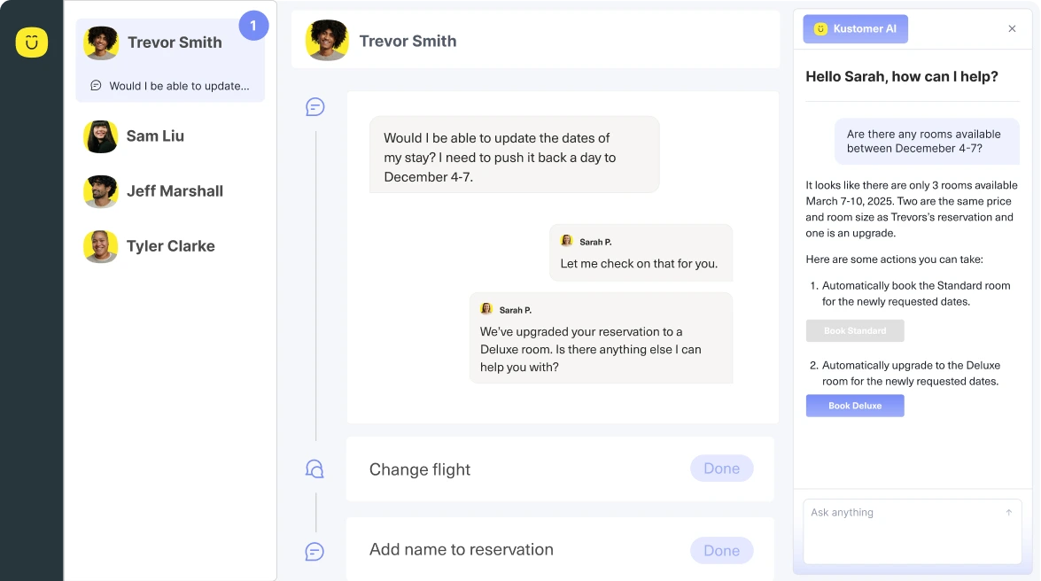 A customer service chat interface shows Trevor Smith requesting a date change for his stay. Sarah, the agent, confirms the update and offers further help. Sidebar shows other customers, and a help panel explains how to request changes.