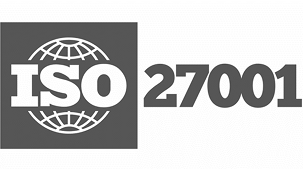 ISO 27001 logo in grayscale, featuring a globe design on the left and the text ISO 27001 in bold letters to the right.