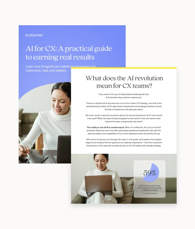 A woman sits at a desk using a laptop and smiling. Overlapping text panels discuss AI for customer experience (CX) teams, featuring a blue and yellow design and a statistic: 59% of CX leaders plan to invest in AI.