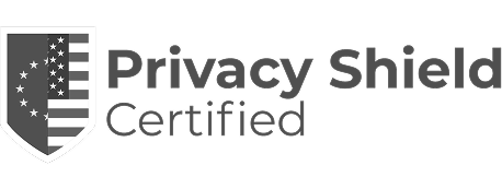 A grayscale logo with a shield featuring stars and stripes next to the text Privacy Shield Certified.