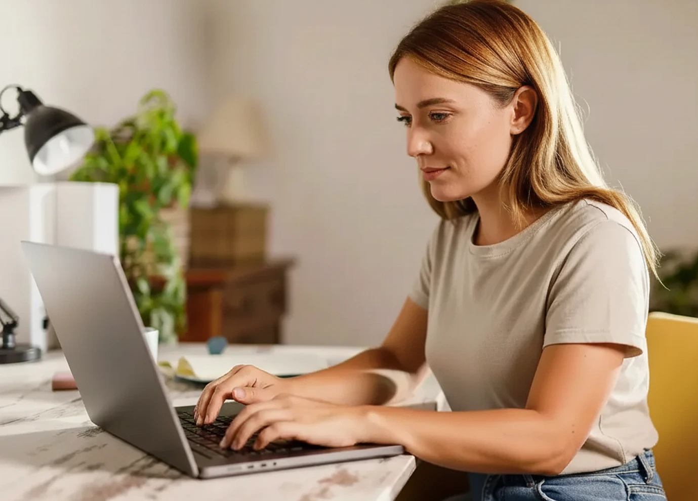 A woman with long, light brown hair sits at a desk typing on a laptop. She is wearing a beige T-shirt and appears focused. There are plants, a lamp, and office supplies in the background.