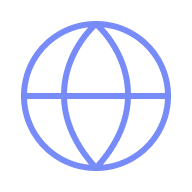 A simple blue globe icon with two vertical curved lines and one horizontal line intersecting inside a circular outline on a light gray background.