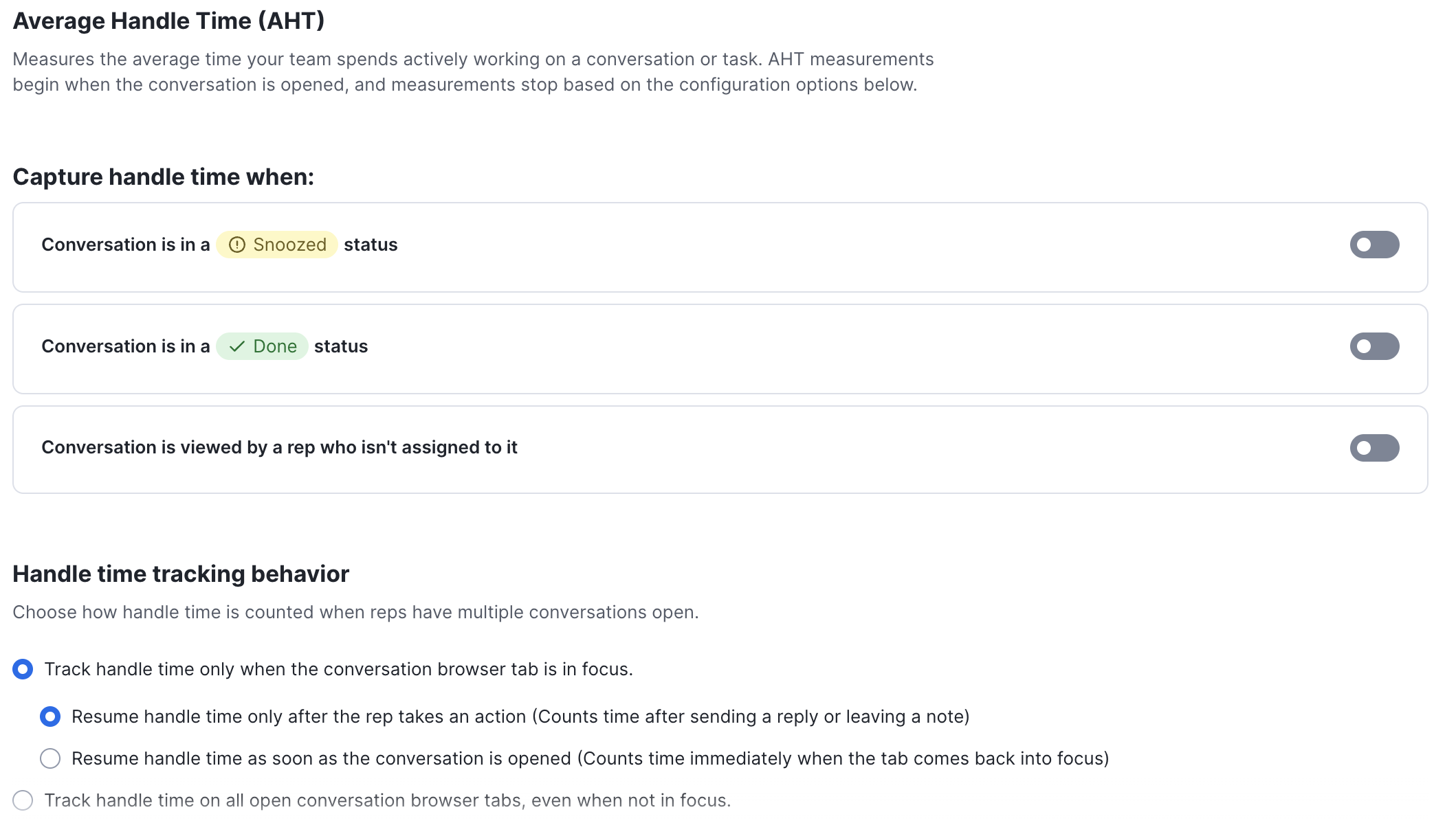 Settings page displays options for capturing Average Handle Time based on conversation status—Snoozed, Done, or reassigned—each with toggle switches. Below, radio buttons let customer service reps select handle time tracking behavior.