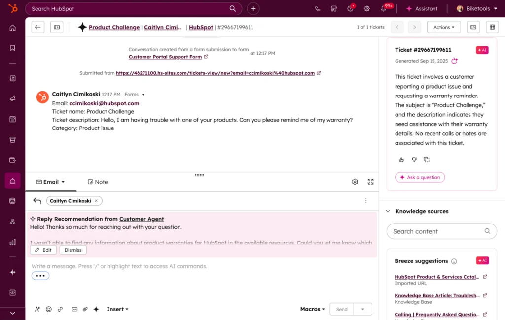 A HubSpot support dashboard displays a customer email about a product issue and a newsletter inquiry. Below, an agent’s draft reply is shown, with ticket details on the right sidebar and various menu options at the top.
