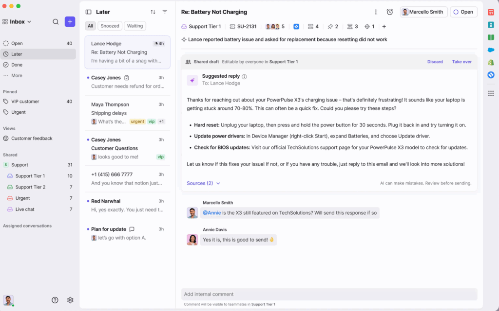 A computer screen displays an email support dashboard with an open email about a battery not charging. The right panel shows a detailed support reply, while the left sidebar lists other emails, messages, and a newsletter update.