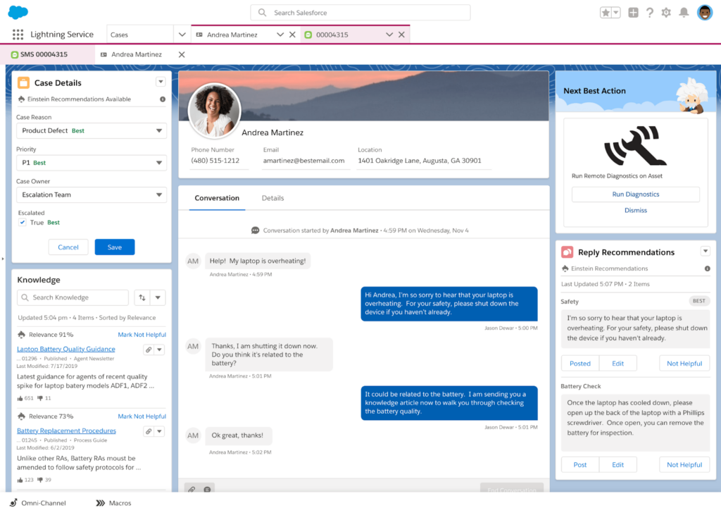 A customer service dashboard shows a chat with Andrea Martinez about an overheating laptop, case details on the left, knowledge articles and blog posts below, and next action plus reply recommendations on the right.