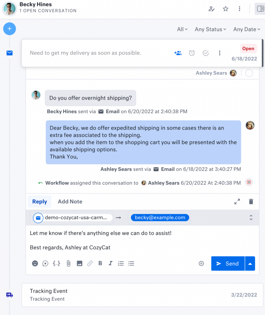 A customer support email thread is shown in a help desk interface. The conversation discusses overnight shipping options. Email addresses and timestamps are visible, along with buttons, tabs, and user profiles—plus links to the company newsletter.