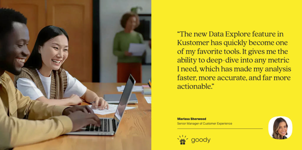 Two colleagues sit at a table smiling and working on laptops. A testimonial about Kustomer’s Data Explore feature, featured in a newsletter and quoted by Marissa Sherwood, is displayed on a yellow background with the Goody logo.