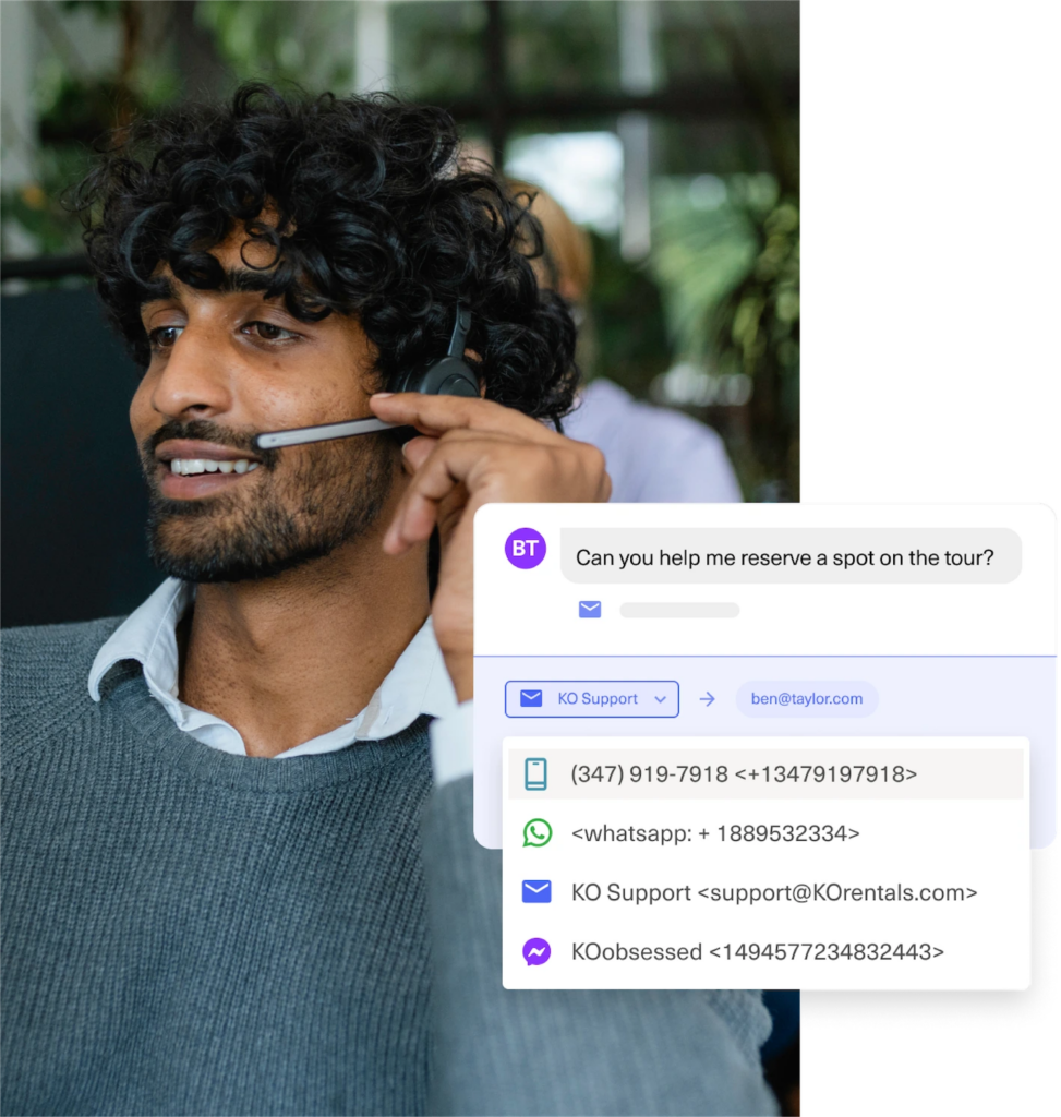 A man with curly hair and a headset smiles while speaking. Beside him is a chat interface showing a customer asking to reserve a tour, plus contact options and updates through Newsletter, phone, WhatsApp, email, and support.