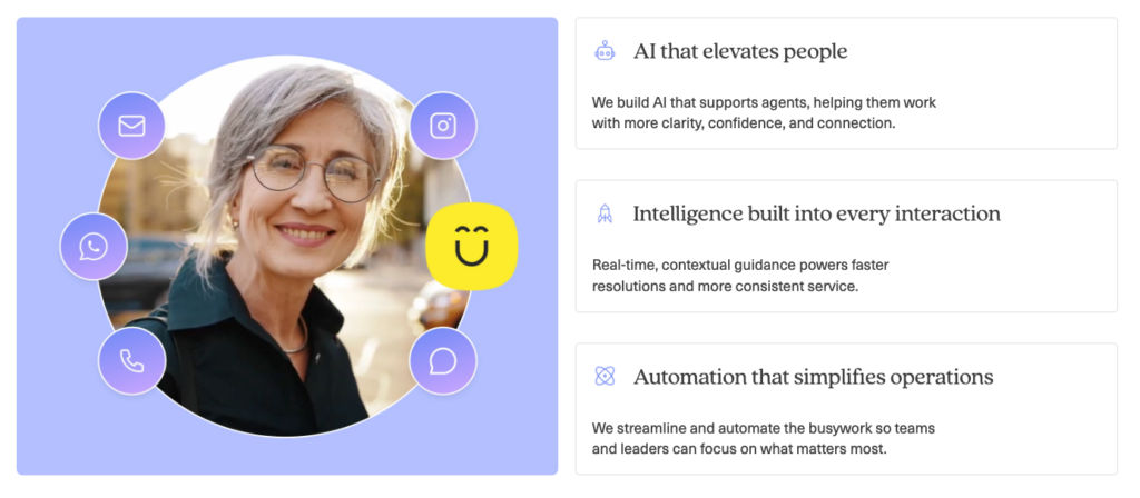 Portrait of an older woman with glasses smiling, surrounded by icons in a purple circle. Beside her, three text boxes highlight how AI customer experience software elevates people, improves interactions, and simplifies operations.
