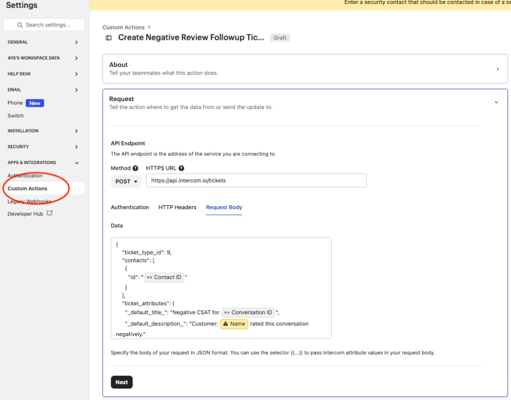 Screenshot of a settings page showing a form for creating a negative review follow-up ticket in the Blog. The Custom Actions menu item is circled, with fields for API endpoint, method, authentication, and JSON request body.