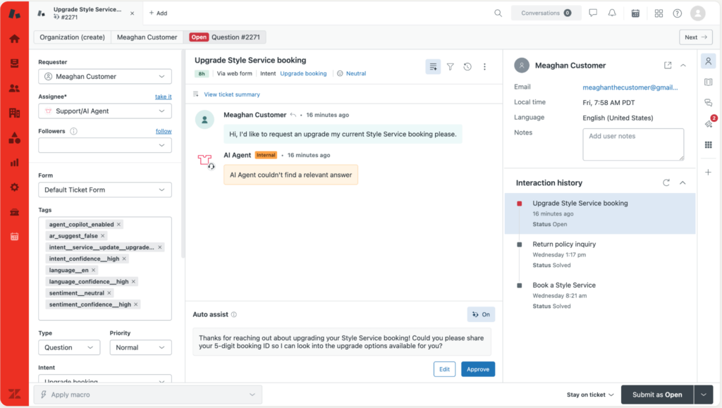 A customer support dashboard shows a conversation about upgrading a style service booking using the Block Editor. The agent responds they couldn't find an answer. Customer details and ticket information are visible on the right.