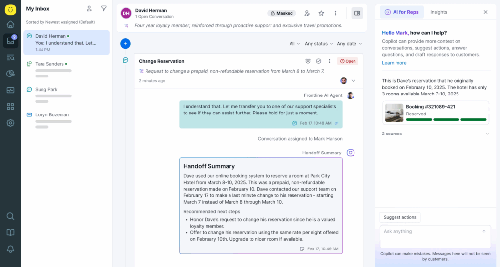 A computer screen displays a customer service dashboard with a chat conversation about changing a reservation, including a handoff summary and hotel reservation details on the right side—ideal content for a newsletter or blog post using a block editor.