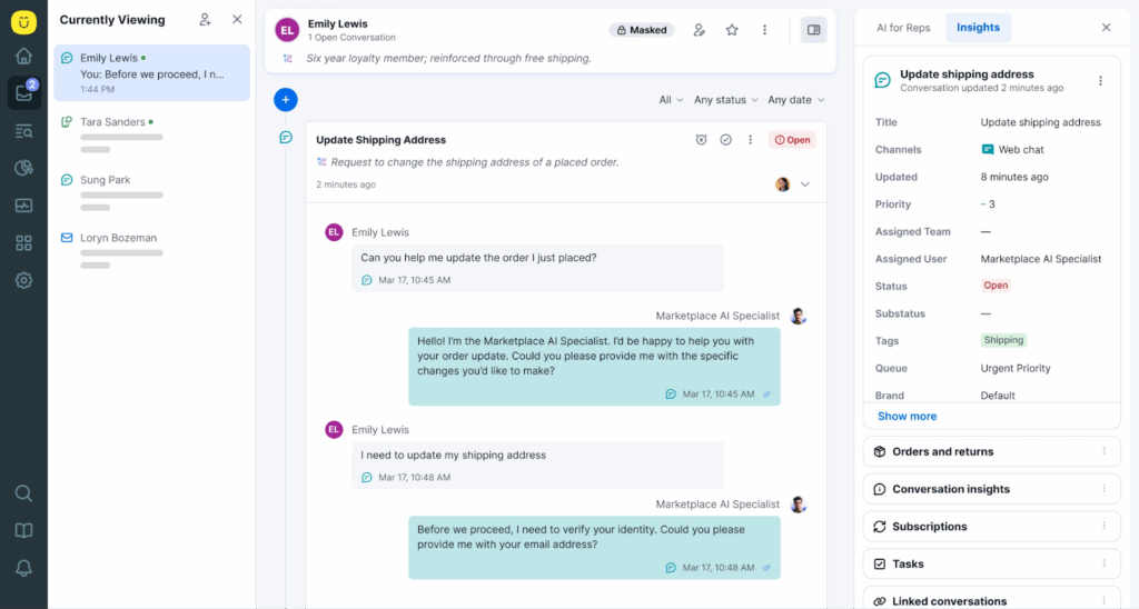 Screenshot of a customer support dashboard showing an open ticket. The conversation, similar to a newsletter thread, involves updating a shipping address between Emily Lewis and a Marketplace Specialist. Various menu options appear on the sides.