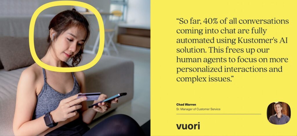 A woman sits on the floor, holding a credit card and a smartphone. Next to her is a quote about AI chat automation in customer service by Chad Warren of Vuori, featured like a Blog highlight, with his photo below the text.