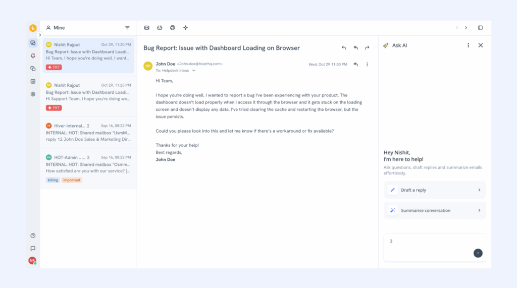 A dashboard displays an email about a bug report issue with dashboard loading on a browser. The sidebar offers helpful options like “Summarize email,” “Draft a reply,” and tools to share updates via Blog or Newsletter.