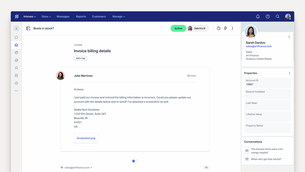 A customer support inbox shows a message from Julie Martinez about invoice billing details, with sender and recipient info on the right, and user profile details for Sarah Danilov displayed in a side panel alongside Blog and Newsletter options.