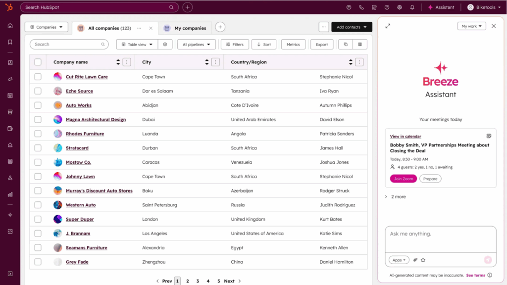 A CRM dashboard displays a list of companies with columns for name, city, country/region, owner, and checkboxes. A sidebar on the right features a Breeze Assistant chat suggesting a daily summary and meeting details—perfect content for your next newsletter.