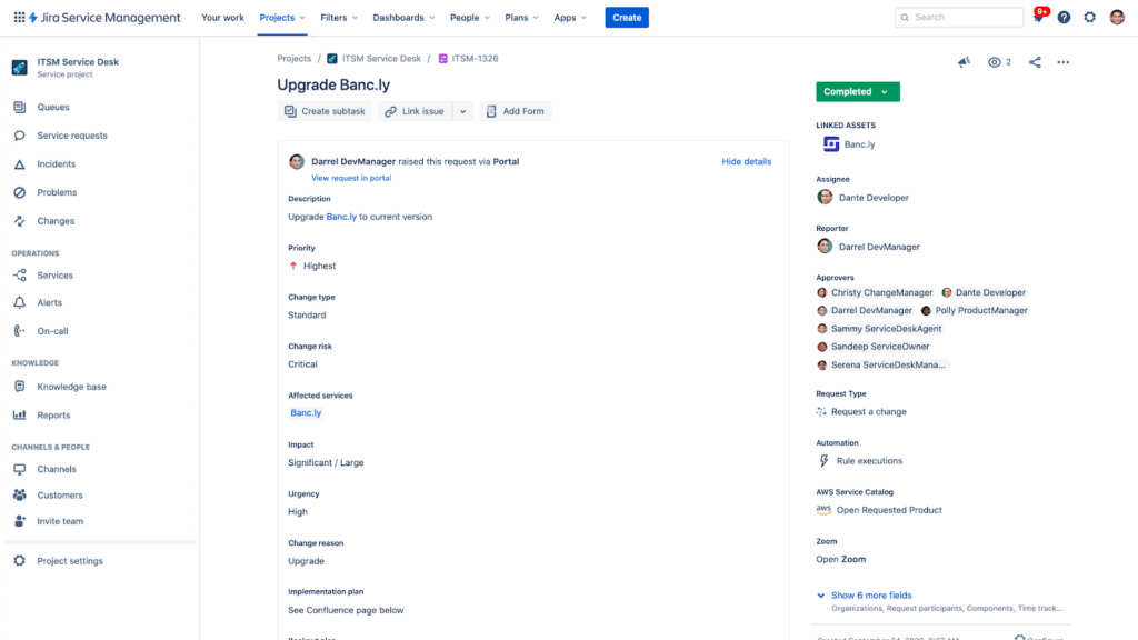 A Jira Service Management project screen displays a service request titled Upgrade Banc.ly with details such as priority and change risk. The right sidebar, styled like a blog block editor, lists assignees, request participants, and activity status.