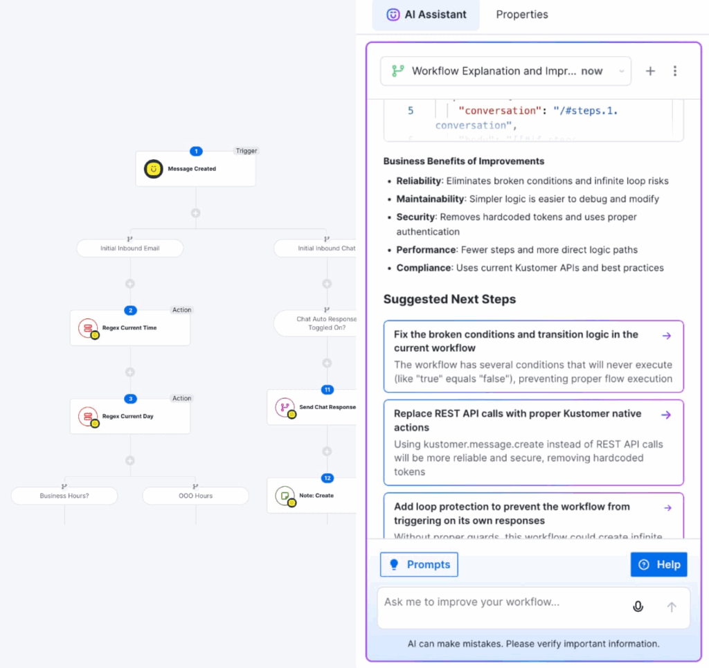 A workflow automation diagram is shown on the left, with steps for responding to messages based on current time. On the right, a panel lists GAETANO's Blog Newsletter tips and next steps for enhancing workflow reliability.