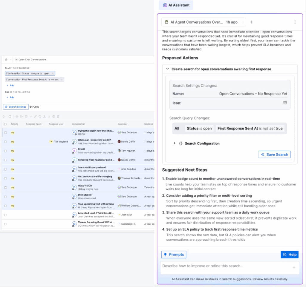 Screenshot of a customer support dashboard showing open conversations, with one section proposing actions, search settings, and next steps—ideal for managing and responding to support tickets for your blog or newsletter more efficiently.