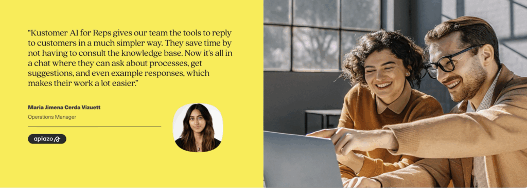 Two smiling coworkers sit at a desk looking at a laptop screen together. Next to them is a yellow box with a testimonial from Maria Jimena Cerda Vizuett, Operations Manager, praising Kustomer AI for Reps in their recent blog.