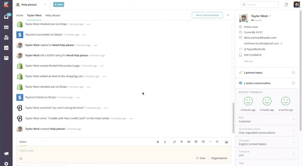A computer screen shows a support chat interface with multiple customer messages about a payment issue, a declined card, and needing help. The right sidebar displays user profile details, tags, and newsletter subscription status.