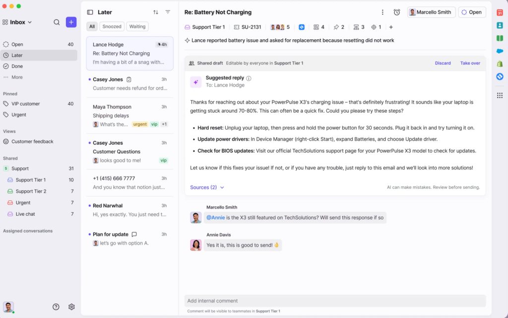 A customer support interface shows an email about a PowerWax PS-12 battery not charging, including troubleshooting steps, suggested replies, sources, and team comments in a collaborative workspace—much like collaboration in a blog or newsletter block editor.