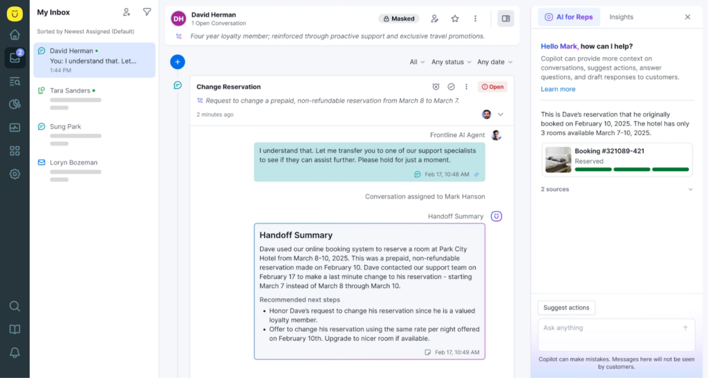 A customer service software dashboard shows an ongoing chat about changing a reservation, with a handoff summary detailing the issue and actions taken. A sidebar on the right displays help articles and a reservation photo.