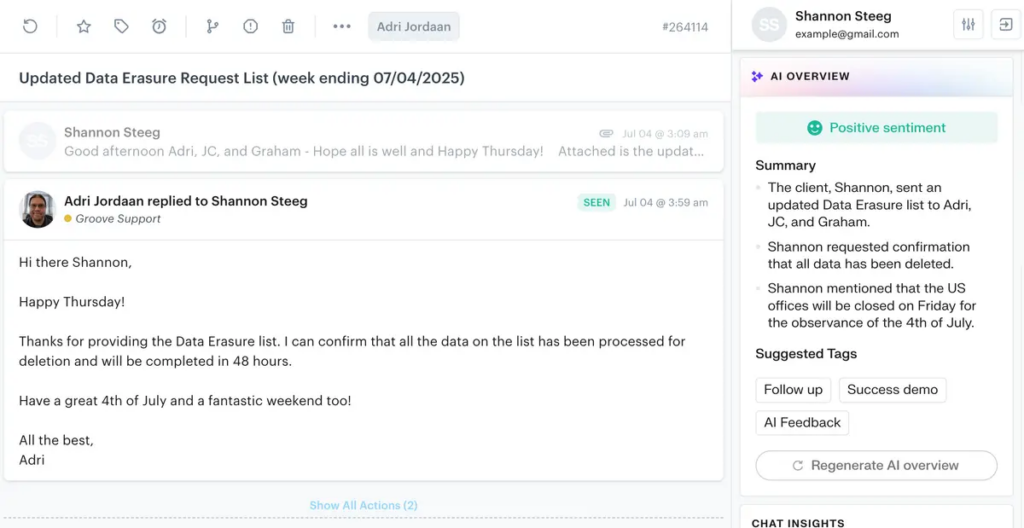 A screenshot of an email thread in a helpdesk interface, displayed using the Block Editor. The message confirms data on an erasure request list has been processed. On the right, there’s a summary with suggestions and newsletter follow-ups.