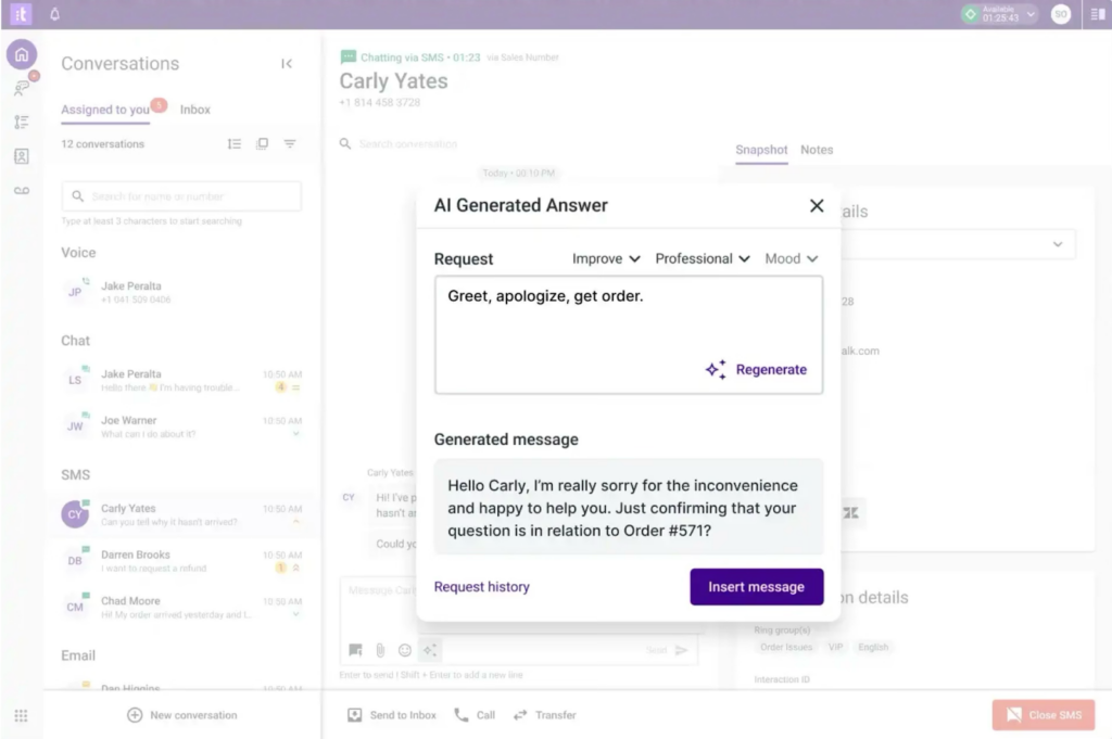 A customer service chat platform displays an AI-generated response for a request, suggesting an apology and order confirmation message to be sent to Carly Yates. The option to insert the message is highlighted, similar to adding content in a Block Editor.