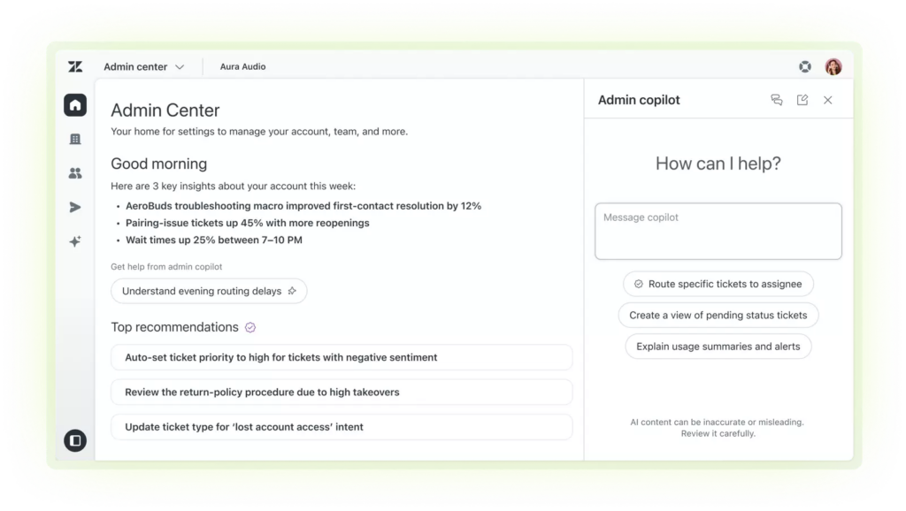 A dashboard displays an admin center with support statistics, troubleshooting tips, top recommendations, and an Admin copilot side panel—plus quick actions for managing accounts and tickets—all enhanced by features like Blog integration and Newsletter tools.